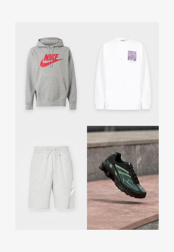 Šedá mikina s kapucňou s predným vreckom a červeným logom „NIKE“ a znamienkom na hrudníku, zobrazená na bielom pozadí.; Biele tričko s dlhým rukávom a okrúhlym výstrihom s malou fialovou grafikou a textom na ľavej strane hrudníka.; Pánske šedé teplákové šortky vyrobené z mäkkého bavlneného materiálu, s elastickým pásom na šnúrku, bočnými vreckami a bielym logom.; Pánska športová obuv v čiernej farbe so zelenými akcentmi, s hornou časťou z textílie, textúrovanými prekrytiami a charakteristickým polstrovaným dizajnom päty.
