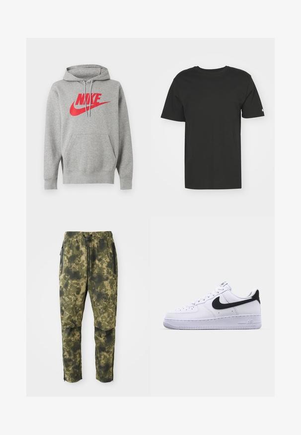 Grijze capuchontrui met voorzak en rood "NIKE"-logo en swoosh op de borst, weergegeven op een witte achtergrond.; Zwarte T-shirt van zacht katoen, met korte mouwen en een ronde hals. Eenvoudig ontwerp met een klein logo op de linker mouw.; Camo broek in verschillende tinten groen met een digitaal patroon. Voorzien van een elastische tailleband, trekkoord en zijzakken met rits.; Witte leren sneaker met een gestructureerde zwarte Swoosh, platte veters en een rubberen zool met een geribbeld patroon. "AIR" is in de hak geperst.