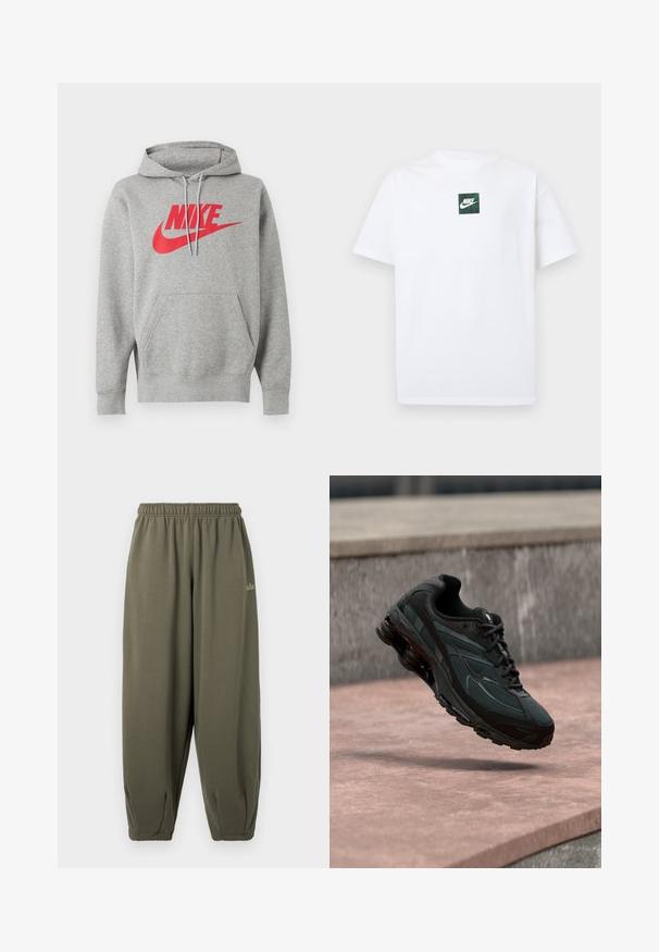 Grå hættetrøje med forlomme og rød "NIKE"-logo og swoosh på brystet, vist på en hvid baggrund.; Hvid Nike T-shirt med korte ærmer og et lille grønt firkantet logo med Nike swoosh og tekst centreret på brystet.; Grågrønne sweatpants med elastisk talje og manchetter. Har minimal branding i matchende tråd på siden. Blød tekstur.; Sort atletisk sneaker med synligt luftdæmpende mellemsål, der svæver over en pink stenoverflade med en grå stenvæg i baggrunden.