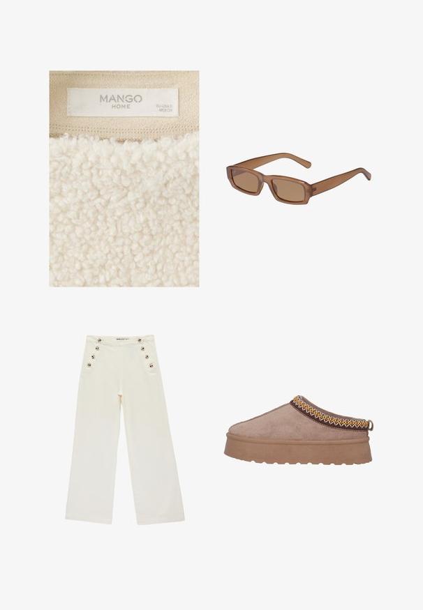 Primer plano de una prenda de tela texturizada beige con una etiqueta cosida que dice Mango Home y talla EU US XS MEX CH.; Pantalones anchos de talle alto en color crema con seis botones decorativos de carey, dos a cada lado cerca de los bolsillos.; Zapato marrón de ante sin cordones con una suela gruesa y texturizada, que presenta un intrincado bordado amarillo y marrón a lo largo del borde superior.; Gafas de sol rectangulares marrones con montura transparente, patillas delgadas y lentes tintados, con una textura suave y un diseño moderno.