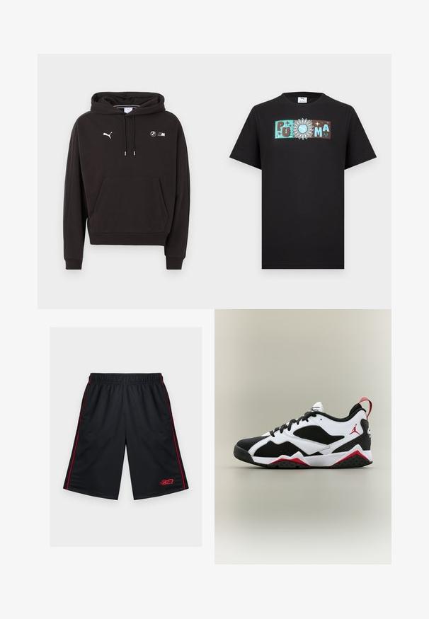 Black hoodie with front pocket, drawstring hood, Puma logo on left chest, and BMW M logos on right chest.; Black short-sleeve shirt with a horizontal logo design featuring "PUMA" letters and a sun with the Puma icon in the center.; Black mesh athletic shorts with red side stripes and a red flame graphic near the bottom hem, elastic waistband, zipper side pockets.; Low-top sneaker in black, white, and red with mesh panels, lace-up front, and Jumpman logo on the side and heel tab.