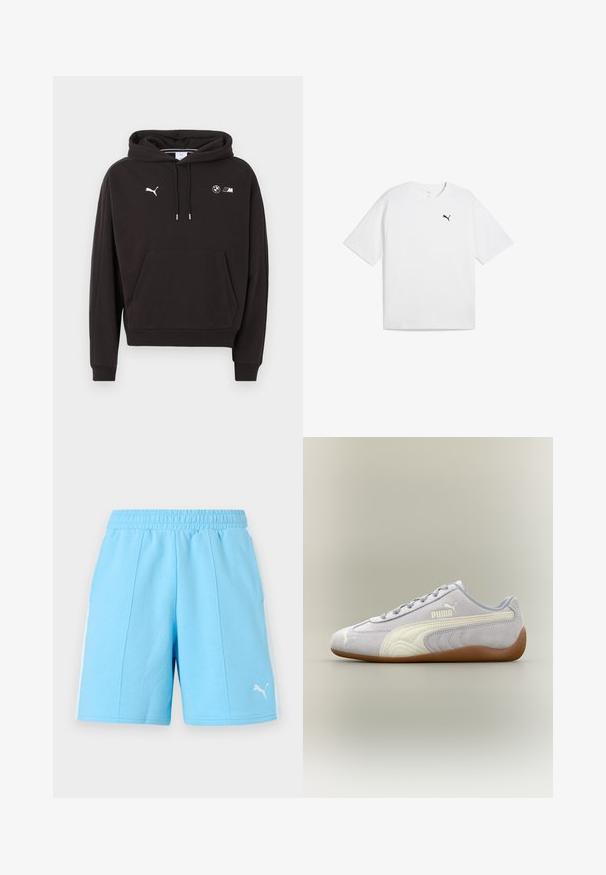 Sweat à capuche noir avec poche avant, capuche à cordon, logo Puma sur la poitrine gauche et logos BMW M sur la poitrine droite.; T-shirt en coton blanc à manches courtes, encolure ronde, et un petit logo Puma noir sur la poitrine gauche. Texture lisse.; Shorts de sport bleu clair avec taille élastique, bandes blanches sur les côtés et logo Puma sur la partie avant inférieure de la jambe droite.; Baskets Puma en daim gris clair avec détail de bande blanche et semelle en gomme, vues de côté extérieur sur fond neutre.
