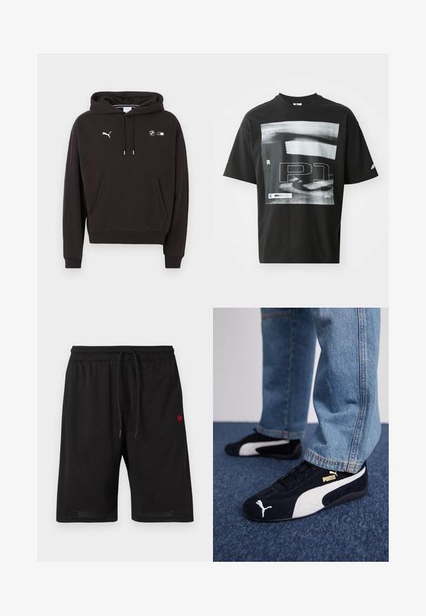 Zwarte hoodie met voorzak, capuchon met trekkoord, Puma-logo op de linkerborst en BMW M-logo's op de rechterborst.; Zwarte katoenen T-shirt met een grafische print met tekst elementen, waaronder "FORMULA 1 RACING" en "P1". Ronde hals en korte mouwen.; Zwarte mesh shorts met een elastische tailleband, verstelbaar trekkoord en een klein rood logo aan de linkerzijde. Lichtgewicht en ademend materiaal.; Zwarte suède sneakers met witte accenten, voorzien van een gouden logo. Gemaakt met lichtblauwe spijkerbroek en geplaatst op een textuur blauwe ondergrond.