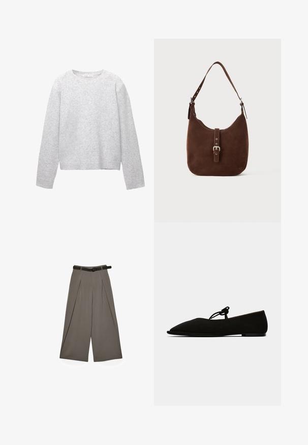 Pull en maille gris clair à manches longues avec poignets, ourlet et encolure ras du cou côtelés, étalé à plat sur un fond blanc.; Un pantalon gris à large jambe avec des plis sur le devant et une ceinture noire, présenté à plat sur un fond blanc.; Chaussure plate en daim noir avec un bout pointu, présentant un petit détail de lacet noué. Design minimaliste avec une semelle plate et sans ornements.; Sac hobo en suede marron avec une forme courbée, un fond plat, une bandoulière ajustable et un détail de fermeture à boucle sur le devant. Texture lisse.