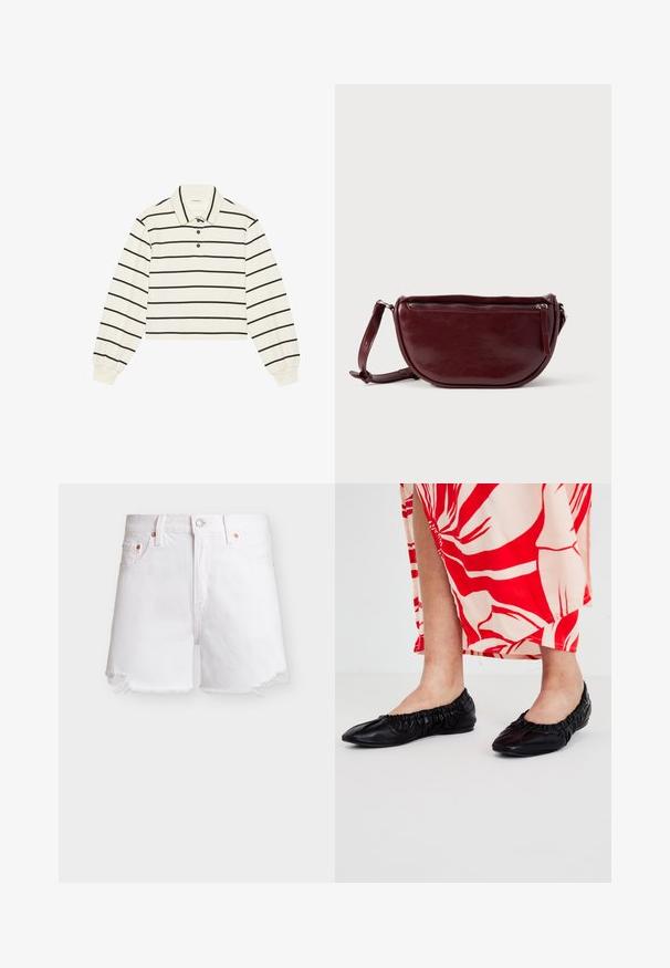 Even&Odd Sweatshirt - offwhite; Hvide denimshorts med knap- og lynlåslukning foran, bæltestropper, fem lommer og slidte kanter.; Sorte læder balletflade med samlet elastisk kant, præget af en spids tådesign. Accepteret af en rød og cremefarvet mønstret kjole.; Vinrød læderhåndtaske med halvmåneform, lynlås og aftagelig rem. Glat tekstur med en subtil glans.