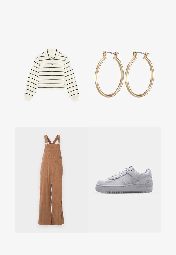 Even&Odd Pusa - offwhite; Prunixilla puuvillased kombinesoonid laialdaste jalgadega, reguleeritavate rihmadega ning esiküljel taskuga. Pehme tekstuur vertikaalse soonikuga.; Hallitus hallid Nike Air Force 1 sneakerid, millel on augustatud varvas, siledast nahast ülemine osa, paks tall ning reljeefne 'AIR' detail kontsapadjal.; Kuldsed metallist rõngaskõrvarõngad sujuva ringikujulise disainiga ja kindla hingedega sulgemisega. Kerged ja poleeritud viimistlusega.