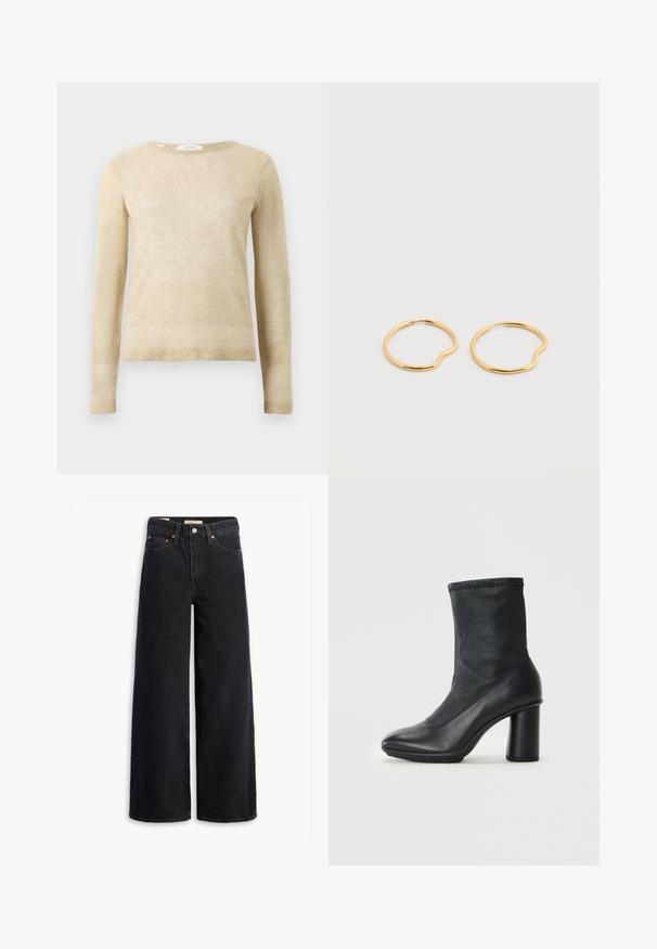 Beige langærmet sweater med rund hals, ribbede manchetter og kant, lavet af blødt strikket stof, præsenteret på hvid baggrund.; Sorte brede benjeans lavet af denim, med fem lommer, kobbernitter og en klassisk knaplukning. Glat tekstur med et rent design.; Sort læderstøvle til midten af læggen med rund tå og en kraftig høj hæl, vist mod en ensfarvet lysegrå baggrund.; Par af tynde guld øreringe med en lille buet fordybning på hver hoop, sat mod en ensfarvet lys baggrund.