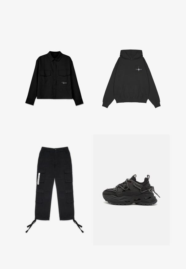 Pegador Hættetrøje - washed black; Sort cropped skjorte med spidse krave, dobbelt brystlommer, knaplukning foran og broderet logo på venstre side. Glat stoftekstur.; Pegador TANAMI WIDE PANTS - Cargobukser - black; Sorte atletiske sko med et struktureret stofoverdel, tyk gummisål og kontrasterende snørebånd. Har forstærket hæl og branding.