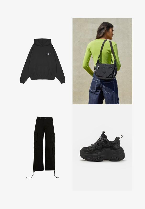 Pegador Hoodie - washed black; Zwarte cargobroek met een relaxte pasvorm, met cargozakken aan de zijkanten, koordjes aan de onderkant en een knoopsluiting in de taille.; Zwarte sneaker met een chunky ontwerp, voorzien van een gestructureerde bovenkant, mesh panelen en een dikke rubberen zool. Reflecterende veters en merkdetails zijn zichtbaar.; Zwarte nylon schoudertas met twee ritsvakjes, verstelbare schouderband en logo-detail. Model draagt een fitted groene top en blauwe denim broeken.