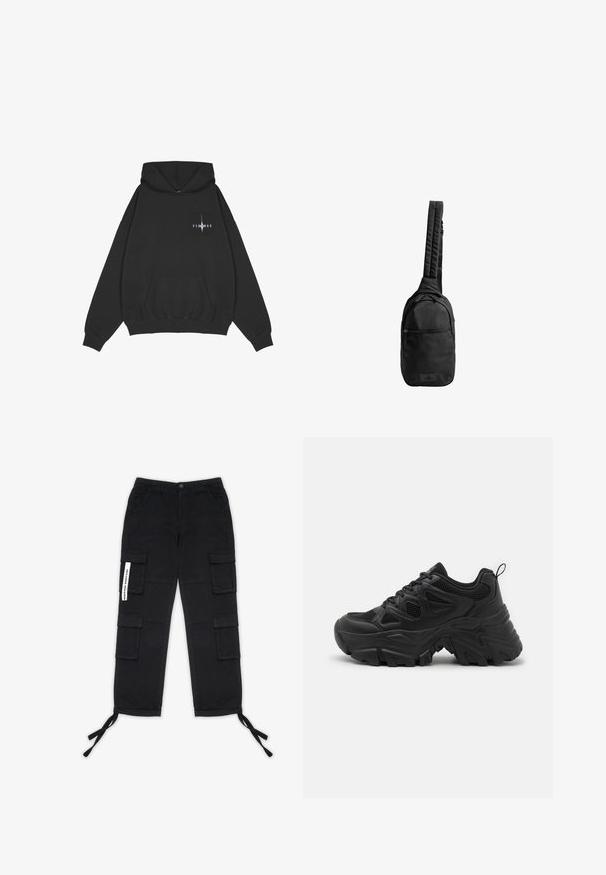 Pegador Sweat à capuche - washed black; Pegador TANAMI WIDE PANTS - Pantalon cargo - black; Baskets de sport noires avec une tige en maille texturée, semelle en caoutchouc incurvée et motif de semelle prononcé. Dotées de lacets intégrés et d'une languette de traction.; Sac sling noir en tissu texturé, avec une seule sangle rembourrée, une poche frontale zippée et un patch logo à la base.