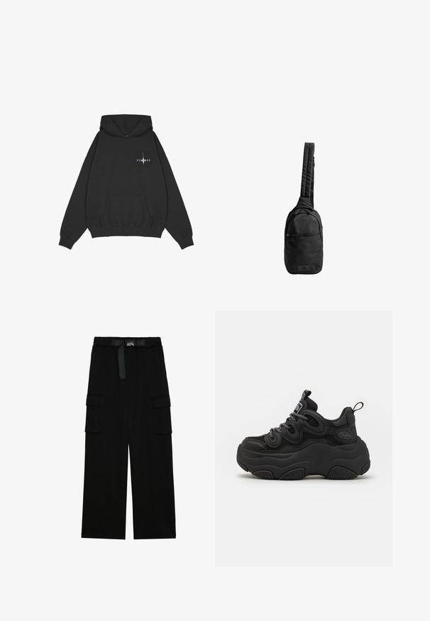 Pegador Kapuzenpullover - washed black; Schwarze Cargohosen mit weitem Bein, elastischem Bund und einem Gürtel sowie zwei großen Seitentaschen für zusätzlichen Stauraum.; Schwarzer Sneaker mit chunky Design, featuring einem strukturierten Obermaterial, Mesh-Einsätzen und einer dicken Gummisohle. Reflexionsschnürsenkel und sichtbare Markendetails.; Schwarze Umhängetasche aus strukturiertem Stoff, mit einem gepolsterten Schulterriemen, einer vorderen Reißverschlusstasche und einem Logopatch an der Unterseite.
