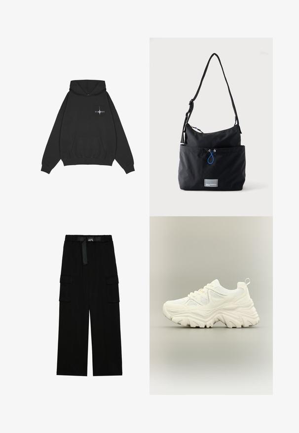Pegador Hættetrøje - washed black; Sorte cargo bukser med vidde ben, elastisk talje med bælte og to store sidelommer til opbevaring.; Hvid chunky sneaker med tyk tekstureret sål, mesh paneler, snørelukning foran og trækstrop ved hælen på en neutral baggrund.; Sort stoff skuldertaske med justerbar rem, forlommer med blå snor og lille rektangulært logo patch nederst.