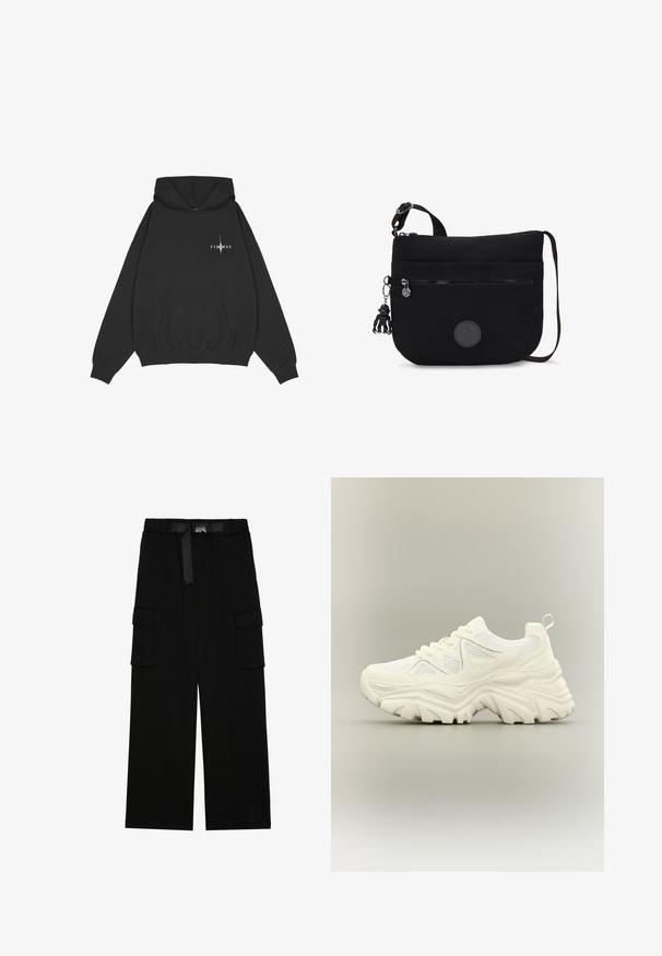 Pegador Jersey con capucha - washed black; Pantalones cargo negros con un diseño de pierna ancha, cinturilla elástica con un cinturón y dos grandes bolsillos laterales para almacenamiento.; Zapatilla blanca gruesa con suela gruesa y texturizada, paneles de malla, cierre de cordones en la parte delantera y tira en el talón sobre un fondo neutro.; Bolso de hombro de tela negra con un diseño plano, correa ajustable, bolsillo frontal con cremallera y un llavero con figura de mono como detalle.