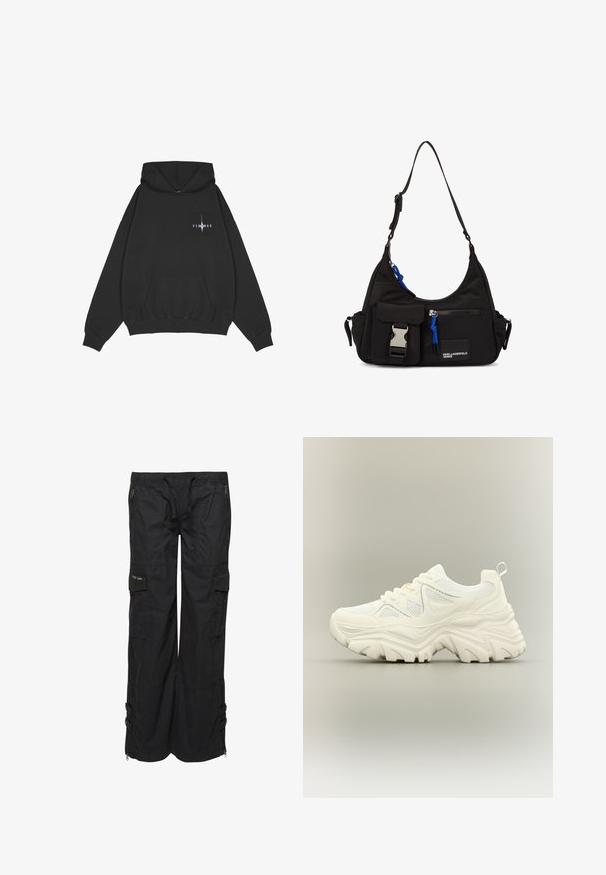 Pegador Jersey con capucha - washed black; Pantalones cargo negros hechos de tejido liviano. Cuentan con una cintura elástica, múltiples bolsillos y cremalleras en el dobladillo. Acabado texturizado.; Zapatilla blanca gruesa con suela gruesa y texturizada, paneles de malla, cierre de cordones en la parte delantera y tira en el talón sobre un fondo neutro.; Bolso de hombro negro de nylon con forma curvada, correa ajustable, bolsillo frontal con cierre, acento azul y detalle de logo.