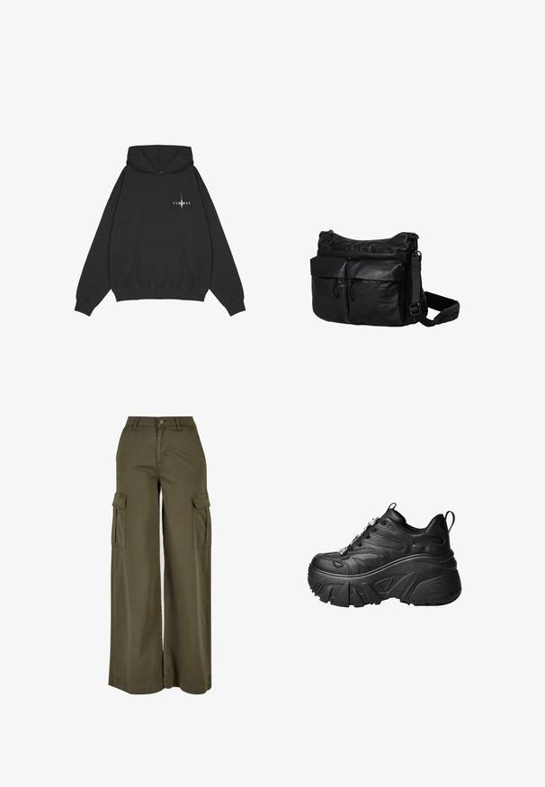 Pegador Hoodie - washed black; Olijfgroene wijde cargobroek met twee zijzakken, gemaakt van een zachte, duurzame stof. Voorzien van gedetailleerde stiksels en een knoopsluiting.; Zwarte platform sneakers met een gebogen vorm, gestructureerd leer, dikke rubberen zool en decoratieve hardware op de veters.; Zwarte messenger bag van duurzaam materiaal, met een hoofdritscompartiment, twee frontzakken, een verstelbare schouderband en subtiele branding.