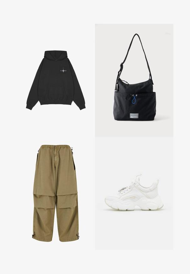 Pegador Hættetrøje - washed black; Beige cargo bukser med elastisk talje, store forlommer og justerbare manchetter. Lavet af letvægtsmateriale med en glat tekstur.; Hvide chunky sneakers lavet af læder og mesh-materialer, med en tyk sål, rund tå og dekorative snørebånd. Let teksturerede detaljer.; Sort stoff skuldertaske med justerbar rem, forlommer med blå snor og lille rektangulært logo patch nederst.