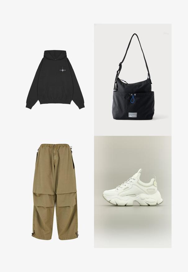 Pegador Sweat à capuche - washed black; Pantalons cargo beige avec taille élastique, grandes poches avant et poignets ajustables. Fabriqués en tissu léger avec une texture lisse.; Baskets blanches épaisses avec semelle épaisse texturée, dessus en mesh et cuir, fermeture à lacets et languettes sur la languette et le talon.; Sac d'épaule en tissu noir avec sangle réglable, poche avant avec cordon bleu et petite étiquette logo rectangulaire à la base.