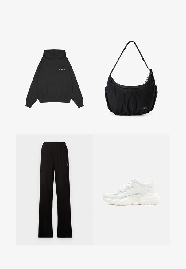 Pegador Kapuzenpullover - washed black; Schwarze, gerippte, weit geschnittene Hose mit elastischem Bund und kleinem dekorativem Logo, aus einem glatten Material mit langem Design.; Weißer klobiger Sneaker mit dicker Sohle, Schnürverschluss vorne und glattem, synthetischem Obermaterial mit dezenten Steppnähten.; Schwarze Schultertasche aus Stoff mit verstellbarem Riemen, Reißverschluss, Seitentaschen und kleinem "AEVOR"-Logo vorne unten rechts.
