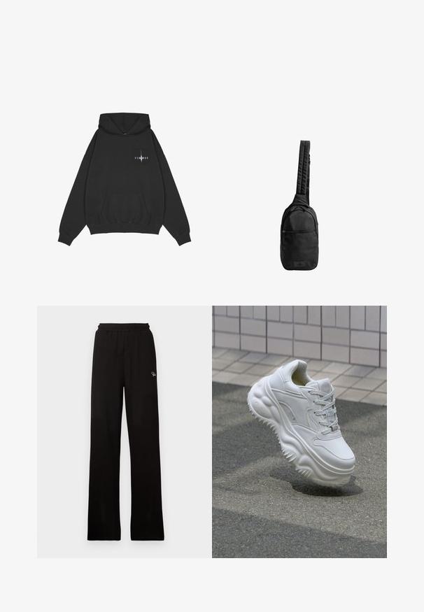 Pegador Hoodie - washed black; Zwarte geribde wijde broek met elastische tailleband en klein decoratief logo, met een gladde textuur en een full-length ontwerp.; Witte leren sneaker met een zware zool, textuurdetails en vetersluiting. Beschikt over gevormde accenten en een gladde afwerking.; Zwarte schoudertas van textuurstof, met een enkele gewatteerde schouderband, een voorvak met rits en een logo-opdruk aan de onderkant.