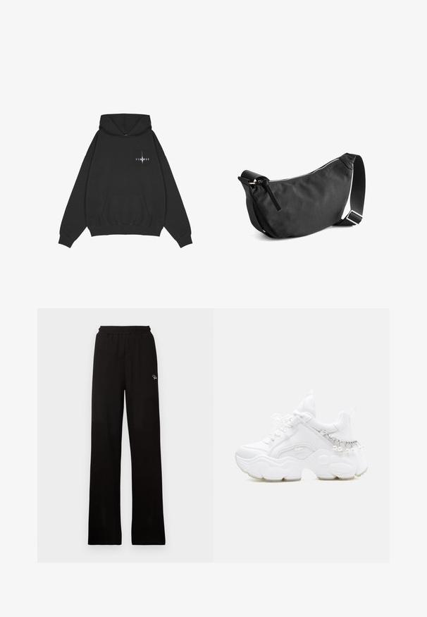 Pegador Hoodie - washed black; Zwarte geribde wijde broek met elastische tailleband en klein decoratief logo, met een gladde textuur en een full-length ontwerp.; Witte chunky sneaker met dikke zool, veters aan de voorkant en kettinkdetail met hangende parels op de hiel.; Zwarte stoffen schoudertas met een gebogen vorm, ritssluiting en verstelbare schouderband. Heeft een gladde textuur en een minimalistisch ontwerp.