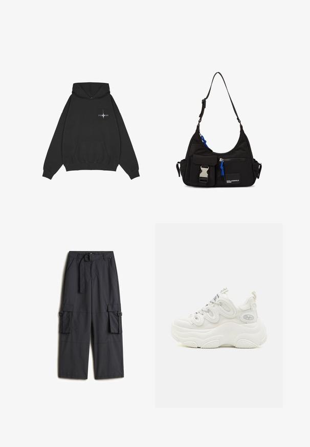 Pegador Jersey con capucha - washed black; Pantalones cargo de un gris oscuro, hechos de una tela ligera, que cuentan con un cinturón de hebilla redonda, dos bolsillos laterales y dos bolsillos cargo.; Zapatillas deportivas blancas y voluminosas que cuentan con una parte superior de malla y sintética, forma curvada, suela texturizada y un sistema de cordones destacado con detalles del logotipo.; Bolso de hombro negro de nylon con forma curvada, correa ajustable, bolsillo frontal con cierre, acento azul y detalle de logo.