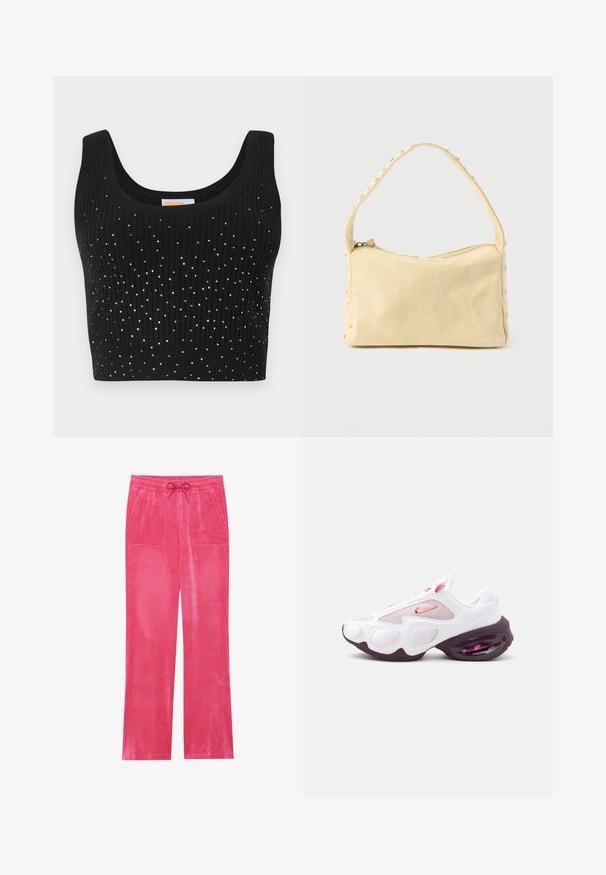 Crop top noir à côtes avec décolleté arrondi et embellissements en sequins argentés dispersés sur le devant.; Pantalons en velours rose avec taille à cordon, deux poches avant, coupe évasée et texture lisse.; Baskets de sport blanches et roses avec des panneaux en mesh, un swoosh Nike rose, et une semelle épaisse violet foncé avec amorti à air visible.; Petit sac à main en cuir beige avec une seule bandoulière et des clous argentés le long des bords et de la bandoulière, posé sur un fond uni.
