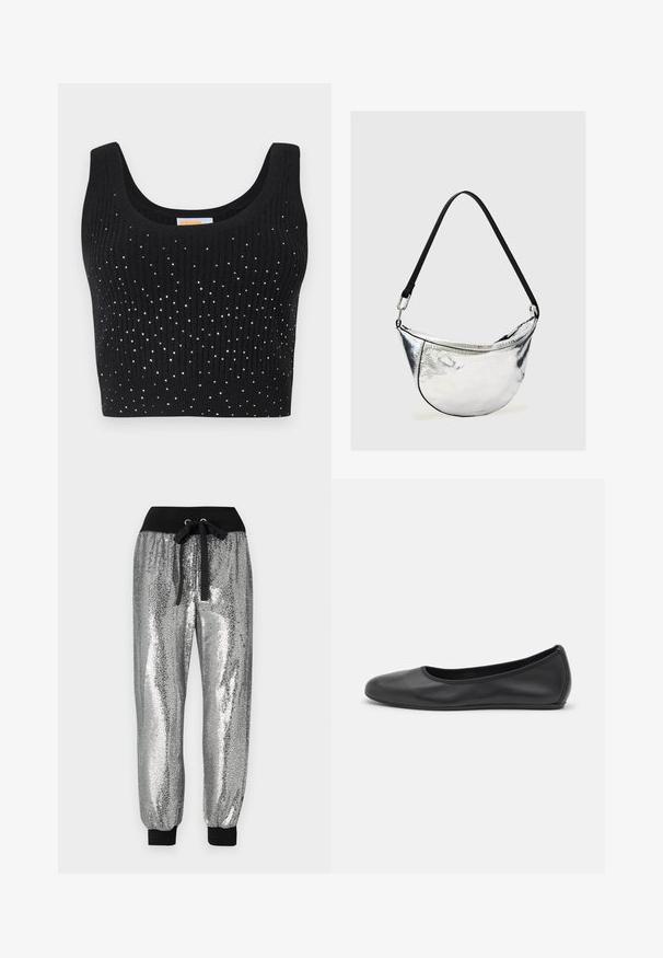 Crop top noir à côtes avec décolleté arrondi et embellissements en sequins argentés dispersés sur le devant.; Pantalons jogger en sequins argentés avec une taille élastique noire, un cordon de serrage et des poignets noirs aux chevilles pour un ajustement fuselé.; Ballerines en cuir noir avec un bout rond, texture lisse, détails de couture minimalistes et design de semelle flexible.; Sac d’épaule métallique argenté en forme de croissant avec sangle noire réglable et fermeture éclair sur fond clair uni.