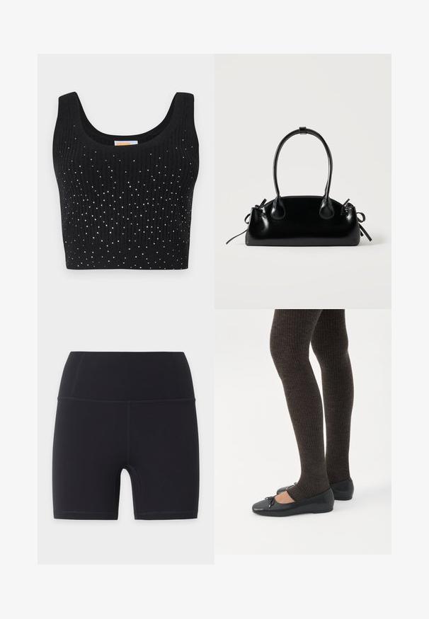 Crop top noir à côtes avec décolleté arrondi et embellissements en sequins argentés dispersés sur le devant.; Shorts de cyclisme sportifs noirs taille haute avec coutures plates, conçus pour une coupe ajustée et une longueur mi-cuisse.; Jambes portant des leggings côtelés foncés associés à des ballerines noires avec de petits détails en nœud sur fond blanc.; Petit sac à main noir brillant avec deux longues anses et des détails à cordon sur les côtés sur un fond clair uni.
