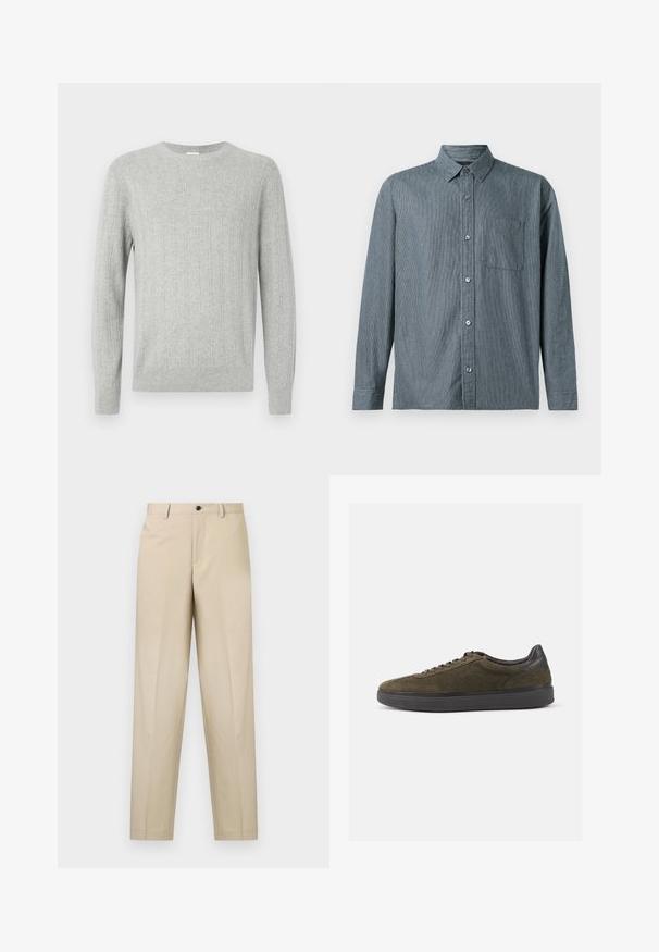 Lichtgrijze gebreide trui met ribbelstructuur, ronde halslijn en lange mouwen. Eenvoudig ontwerp, met een rechte zoom en duurzaam materiaal.; Abercrombie & Fitch CROPPED CURVED HEM - Overhemd - dark blue; Beige broek gemaakt van lichte stof, met een rechte pijp, enkele plooien aan de voorkant en een knoopsluiting bij de taille.; Olijfgroene suède sneakers met zwarte leren accenten en veters, voorzien van een gestructureerd oppervlak en een dikke zwarte rubberen zool.