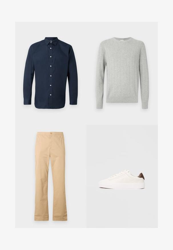 Lys grå strikket sweater med ribbet tekstur, rund halsudskæring og lange ærmer. Enkel design med lige kant og holdbart materiale.; Mørkeblå langærmet skjorte lavet af glat bomuld med spredt krave, frontknaplukning og knap-lukkede manchetter. Ingen synlige mønstre.; Beige bomuldsbukser med lige ben og forreste knaplukning uden synlige mønstre eller detaljer.; Hvid lavt snøre-sneakers med brun hælflig på en ensartet lys baggrund.