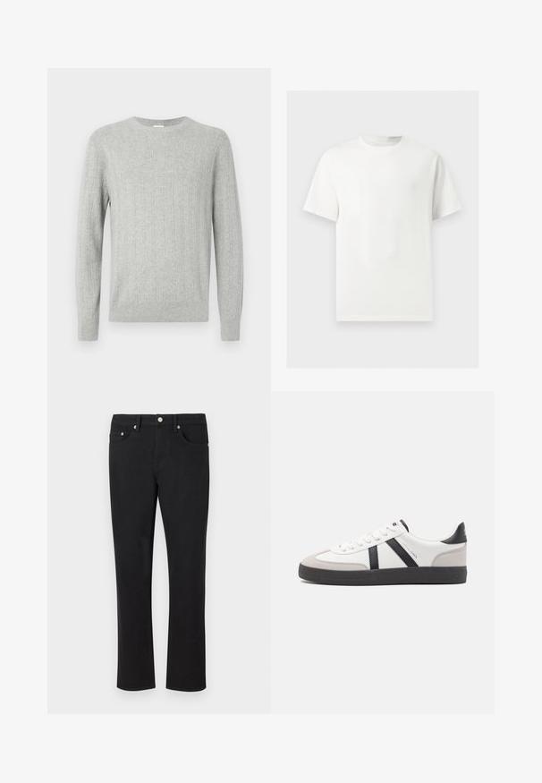 Pull tricoté gris clair avec texture côtelée, col ras du cou et manches longues. Design simple, avec ourlet droit et matériau durable.; T-shirt blanc uni à manches courtes et col rond présenté sur un fond gris clair.; Jean en denim noir avec une coupe droite, comportant cinq poches et des accessoires en métal argenté, avec une texture lisse. Sans motifs ni accents.; Baskets blanches avec des accents noirs et gris, présentant un embout texturé gris, une semelle en caoutchouc noir et des lacets plats blancs. Design épuré, style minimaliste.