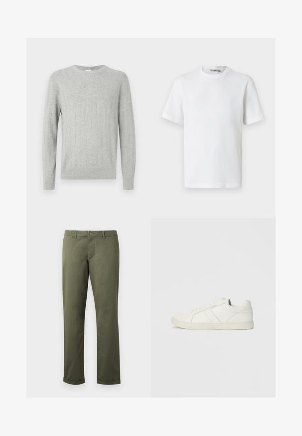 Pull tricoté gris clair avec texture côtelée, col ras du cou et manches longues. Design simple, avec ourlet droit et matériau durable.; T-shirt blanc à manches courtes en maille gaufrée avec col rond, petite étiquette de marque à l'intérieur du col, présenté sur un fond uni.; Pantalons en coton vert olive avec une coupe droite, ourlets retroussés, poches avant et fermeture à bouton. Texture lisse avec des détails de couture subtils.; Baskets blanches en cuir montantes basses avec fermeture à lacets et semelle en caoutchouc plate, vues du côté intérieur sur un fond uni.