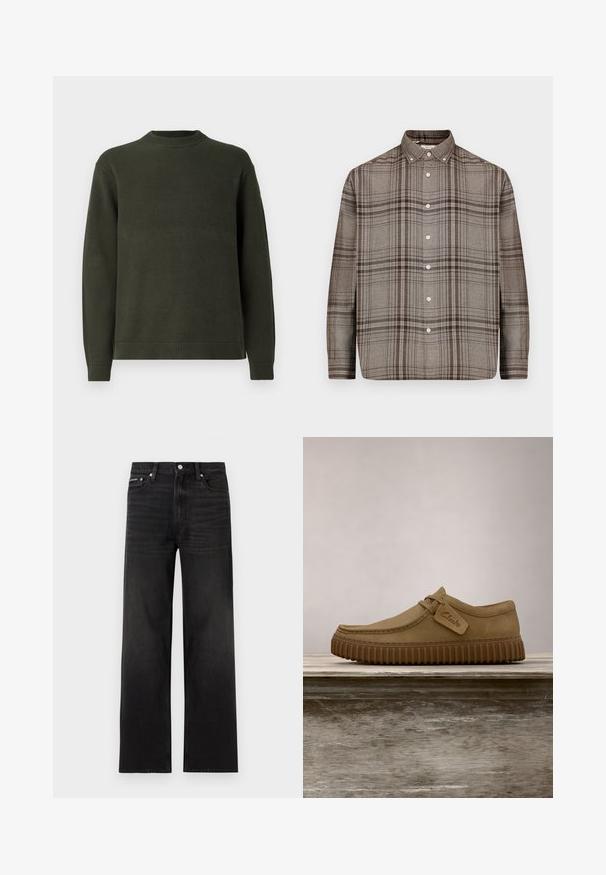 Mørkegrøn strikket sweater med lange ærmer, ribbet rund hals, manchetter og kant, præsenteret på en lys hvid baggrund.; Langærmet skjorte i brun og beige tern med knapkrave og hvide knapper ned foran.; Sorte jeans med lige ben, fem-lomme design, bæltestropper og knaplukning, vist på en hvid baggrund.; Lysebrune ruskindsko med rund tå, syet detaljer og en ribbet brun gummisål. Har et sidemærke med "Clarks" logo.