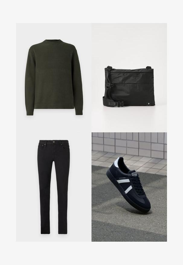 Dunkelgrüner, gestrickter Pullover mit langen Ärmeln, geripptem Rundhalsausschnitt, Bündchen und Saum, auf einem schlichten weißen Hintergrund präsentiert.; Schwarze Slim-Fit-Jeans mit fünf Taschen, Knopfverschluss und Gürtelschlaufen, flach auf einem weißen Hintergrund präsentiert.; Schwarze Leder-Sneaker mit weißen Streifen, strukturiertem Gummisohle und Schnürung. Verfügt über ein Markenetikett auf der Zunge.; Schwarze Nylon-Umhängetasche mit verstellbarem Riemen, flachem Design und seitlichem Etikett mit Logo. Glatte Textur und minimalistischer Stil.