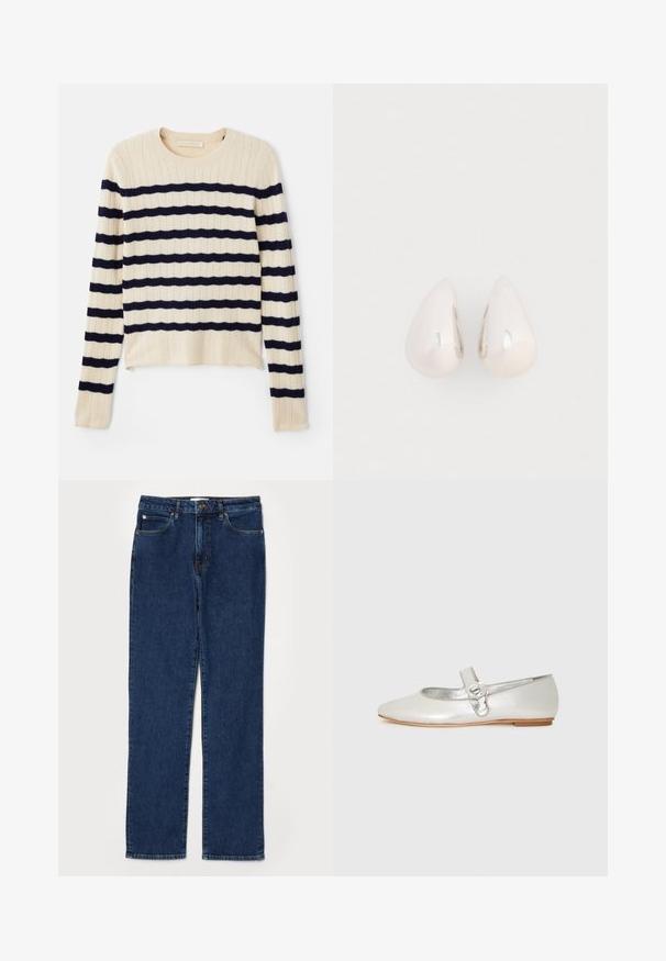 Vanessa Bruno ESTELLE - Trui - ecru/marine; Donkerblauwe spijkerbroeken met een recht gesneden ontwerp, vijf zakken, een stevige tailleband en zichtbare stikseldetails.; Zilveren Mary Jane ballerina met een bloemvormige gesp op de strap en een lichtbruine zool, getoond in zijaanzicht.; Zilveren metalen druppeloorbellen met een gladde, reflecterende oppervlakte en een druppelvorm, voorzien van een naadloos ontwerp en zonder zichtbare versieringen.