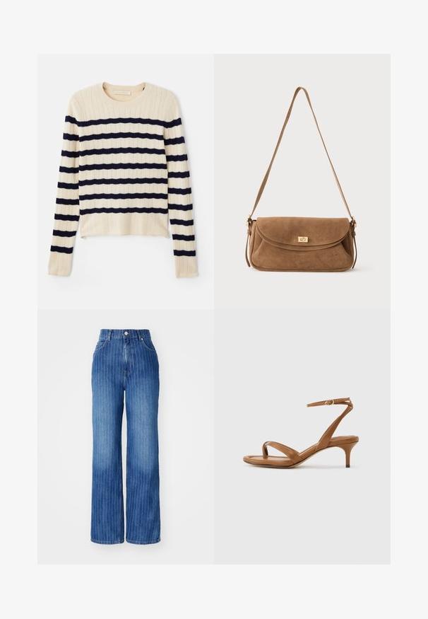 Vanessa Bruno ESTELLE - Striktrøje - ecru/marine; Blå denim brede bukser med lodrette hvide striber, høj talje og fem-lomme design, med knap- og lynlåslukning.; Brun læder sandal med stropper, lav kittenhæl og en ankelrem med en lille spænde, vist fra siden på en ensfarvet baggrund.; Brun ruskind skuldertaske med en lang rem og en gylden rektangulær drejelåslås på den forreste klap mod en ensfarvet baggrund.