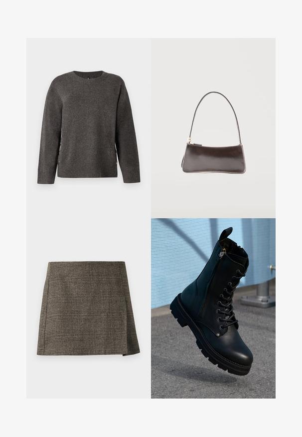 Grå strikket sweater med rund hals, ribbet kant og knapdetaljer i siden for et unikt design. Blød tekstur med en klassisk silhuet.; Brun og grå plaid mini nederdel med subtilt sidesnit, lige snit og tekstureret stof.; Sorte læder ankel støvler med snørebånd, sidelås, tekstureret overflade og en robust sål med fremtrædende slidbaner.; Lille rektangulær mørkebrun lædertaske med en enkelt rem og guldlåselukning.