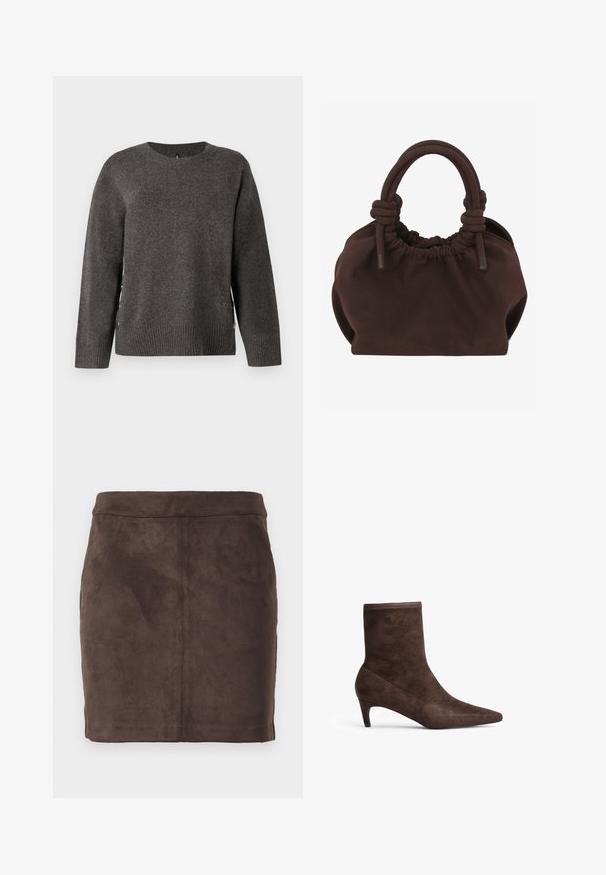 Pull en tricot gris avec un col rond, un ourlet côtelé et des boutons sur les côtés pour un design unique. Texture douce avec une silhouette classique.; Jupe mini en daim marron avec une texture lisse, un design effilé et une taille plate, comprenant des coutures verticales pour la structure.; Bottine en daim marron avec un bout pointu et un talon fin. Présente une texture lisse et un design haut.; Sac à main en tissu doux marron foncé avec haut froncé et doubles anses arrondies attachées par des nœuds à leur base.