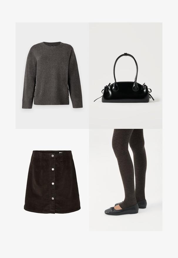 Pull en tricot gris avec un col rond, un ourlet côtelé et des boutons sur les côtés pour un design unique. Texture douce avec une silhouette classique.; Jupe en velours côtelé marron foncé en forme de A avec cinq boutons-pression argentés sur le devant et une légère évasement à l'ourlet.; Jambes portant des leggings côtelés foncés associés à des ballerines noires avec de petits détails en nœud sur fond blanc.; Petit sac à main noir brillant avec deux longues anses et des détails à cordon sur les côtés sur un fond clair uni.