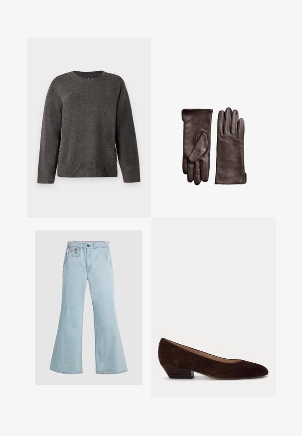 Grijze gebreide trui met een ronde hals, geribde zoom en zijknopen voor een uniek ontwerp. Zachte textuur met een klassieke silhoutte.; Lichtblauwe flared jeans van denim, met een hoge taille, knoopsluiting en voorzakken. Gladde textuur met minimale stikdetails.; Donkerbruine suède dameschoen met lage hak, ronde neus en blokhak op een effen lichte achtergrond.; Bruine leren handschoenen met een zachte textuur, met een ontwerp in drie delen voor de vingers en een aansluitende manchet. Geen zichtbare hardware of patronen.