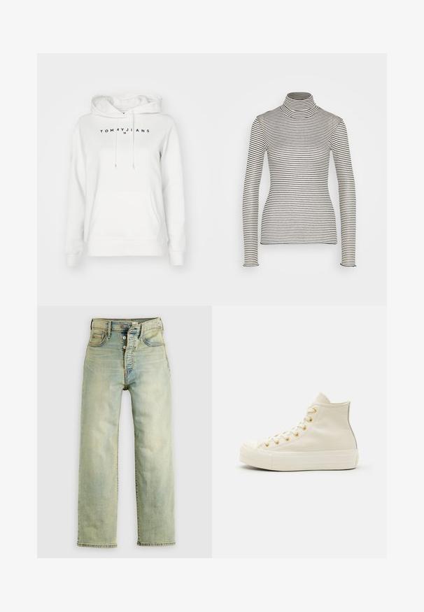 Hvid hættetrøje med frontlomme og snoretræk, med teksten "Tommy Jeans" og et lille logo centreret på brystet.; Anna Field Langærmet T-shirt - beige/black; Lyseblå denimjeans med lige ben, fem-lomme stil og knaplukning. Blød tekstur og falmet finish.; Høje sneakers lavet af cremet læder med guldøjer og en struktureret overflade. Har en gummisål og en afrundet tå.