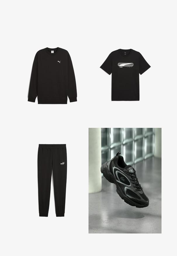 Zwarte katoen sweatshirt met lange mouwen, ronde hals, geribbelde manchetten en zoom, met een klein wit Puma-logo op de borst.; Zwart Puma T-shirt met korte mouwen met een wit en grijs logo en tekst op de borst, met de Puma-branding en het jaar 1948.; Zwarte sweatpants van zacht materiaal, met een elastische tailleband, zijzakken en een wit Puma-logo aan de linkerkant.; Zwarte sportschoen van mesh en synthetisch materiaal, met een gestructureerde zool, slank ontwerp, zilveren accenten en een vetersluiting aan de voorkant.