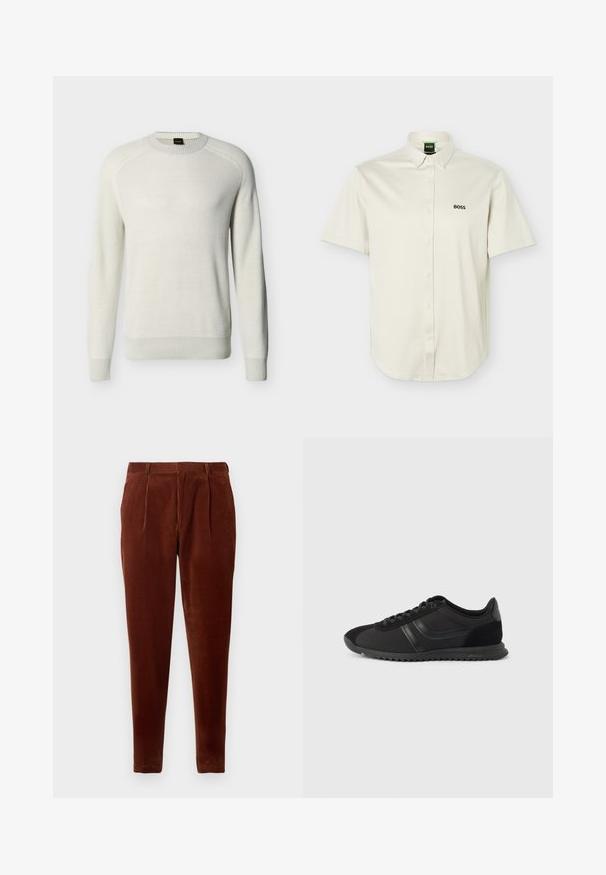 Off-white langærmet crewneck-trøje med ribbede manchetter, kant og halsudskæring på en ensfarvet baggrund.; Hvid, kortærmet skjorte med knapper og knaplukning på kraven, sort "BOSS" logo på brystet og grøn indvendig kravelabel.; Brune corduroy bukser med lige pasform, featuring frontfolder, to sidelommer og en glat tekstur. Velegnet til afslappet brug.; Sort sneaker med en kombination af glatte og teksturerede materialer, snørelukning, gummisål og minimalistisk branding langs siden.