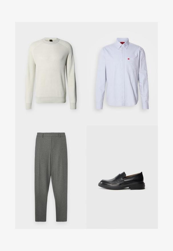 Off-white langærmet crewneck-trøje med ribbede manchetter, kant og halsudskæring på en ensfarvet baggrund.; Lyseblå skjorte med knapper lavet af stof med en glat tekstur. Har en lille rød logo på brystlommen og krave med knapper.; Grå skræddersyede bukser lavet af et blødt stof. Har en talje, bæltestropper og et tapered ben-design. Glat tekstur, ingen mønstre.; Sorte læder slip-on dress sko med lav hæl og subtil Calvin Klein logo på siden, vist i profil på en hvid baggrund.