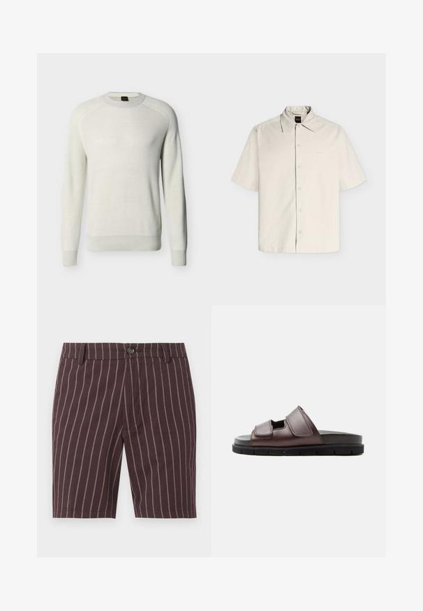 Pull à col rond manches longues couleur écru avec poignets, ourlet et col côtelés sur fond uni.; Chemise beige à manches courtes, boutonnée, col pointu et logo discret de la marque sur le côté gauche de la poitrine.; Shorts marron foncé avec fines rayures blanches verticales, fermeture à boutons, passants de ceinture et coupe ajustée.; Sandale en cuir marron avec deux brides Velcro ajustables et une semelle noire coussinée sur fond blanc.