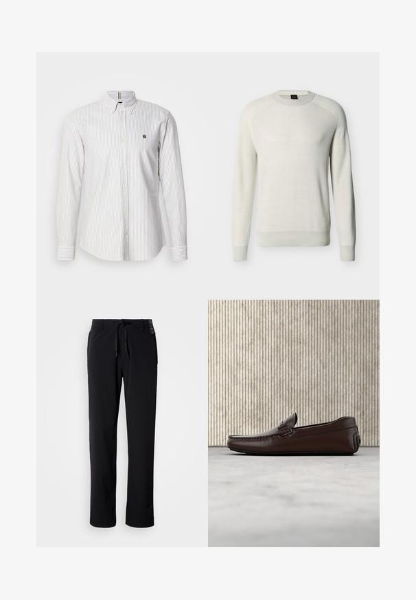 Pull à col rond manches longues couleur écru avec poignets, ourlet et col côtelés sur fond uni.; Chemise à manches longues pour homme en bleu clair et blanc à rayures verticales, en coton, avec un petit logo sur la poitrine et des poignets boutonnés.; Pantalon noir et léger avec une coupe droite. Doté d'une taille à cordon de serrage et d'une texture lisse. Convient pour une tenue décontractée.; Mocassins en cuir marron avec une finition lisse, des coutures de style mocassin, un bout rehaussé et une semelle en caoutchouc basse et flexible.