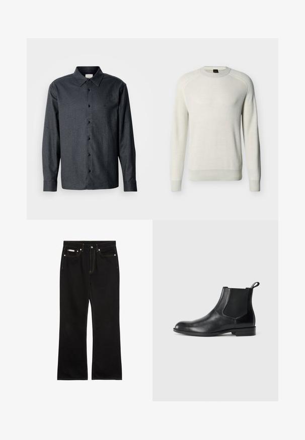 Off-white langærmet crewneck-trøje med ribbede manchetter, kant og halsudskæring på en ensfarvet baggrund.; Mørkegrå langærmet skjorte med knaplukning lavet af tekstureret stof, med en klassisk krave, seks knapper og et lille broderet logo på brystet.; Sorte jeans med lige ben, orange syning, fem lommer, knaplukning og et lille Calvin Klein-mærke på den forreste højre lomme.; Sorte læder ankelstøvler med elastiske sidepaneler, rund tå og en trækloft. Glat tekstur, flad sål, minimalistisk design.