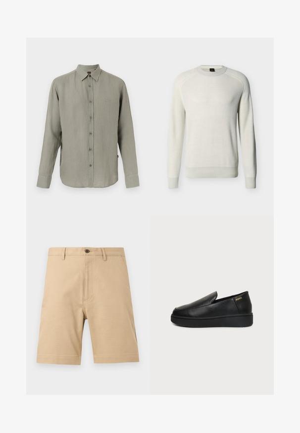 Pull à col rond manches longues couleur écru avec poignets, ourlet et col côtelés sur fond uni.; Chemise pour homme à manches longues avec boutons, de couleur vert olive clair, dotée d'un col classique et d'un discret logo "BOSS" sur le côté gauche de la poitrine.; Short beige pour homme, longueur genou, avec passants de ceinture, poches avant, fermeture par boutons et détails visibles de couture sur fond uni.; Chaussure noire en cuir à enfiler avec semelle épaisse et petits trous de ventilation latéraux, avec un logo doré "HUGO" près du talon.