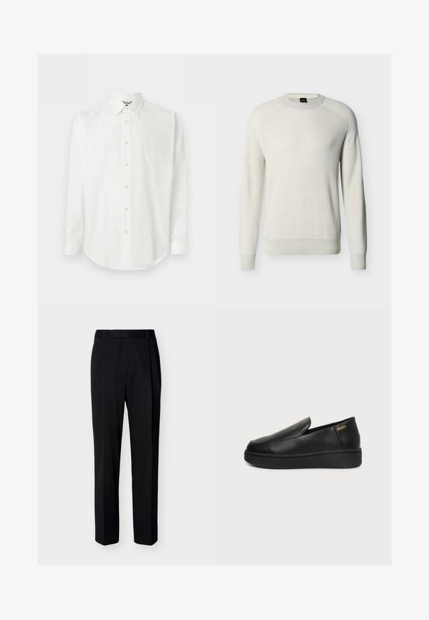 Pull à col rond manches longues couleur écru avec poignets, ourlet et col côtelés sur fond uni.; Chemise blanche à manches longues avec devant boutonné, col classique et poignets, présentée sur un fond clair uni.; Pantalon noir droit sur mesure avec passants de ceinture et plis avant, présenté sur un fond clair uni.; Chaussure noire en cuir à enfiler avec semelle épaisse et petits trous de ventilation latéraux, avec un logo doré "HUGO" près du talon.
