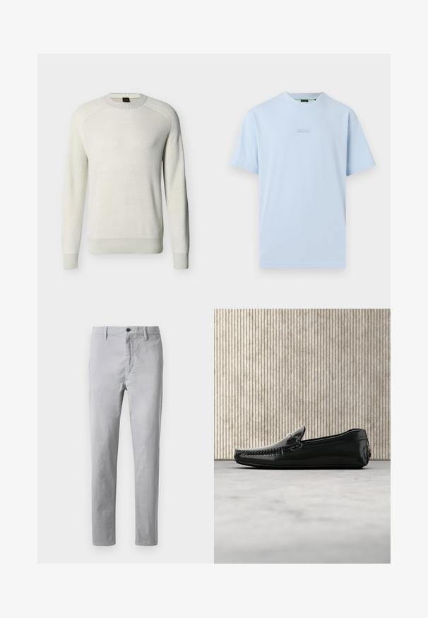 Gebroken-witte trui met lange mouwen en ronde hals, voorzien van geribbelde boorden aan de mouwen, zoom en hals, afgebeeld op een effen achtergrond.; Lichtblauw T-shirt met korte mouwen en een ronde hals, met een geperst "BOSS"-logo centraal op de borst, afgebeeld tegen een effen achtergrond.; Grijze katoenen chino's met een rechte pasvorm, voorzien van een knoopsluiting, riemlussen en zijzakken. Soepele textuur met minimale stikseldetails.; Zwarte leren loafers met een glanzende afwerking, ronde neus en decoratieve hardware aan de voorkant. Laag profiel rubberen zool. Gladde textuur.